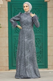 Neva Style - Plus Size Antrasit Islamic Engagement Gown 2323ANT - Thumbnail