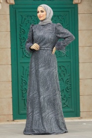 Neva Style - Plus Size Antrasit Islamic Engagement Gown 2323ANT - Thumbnail