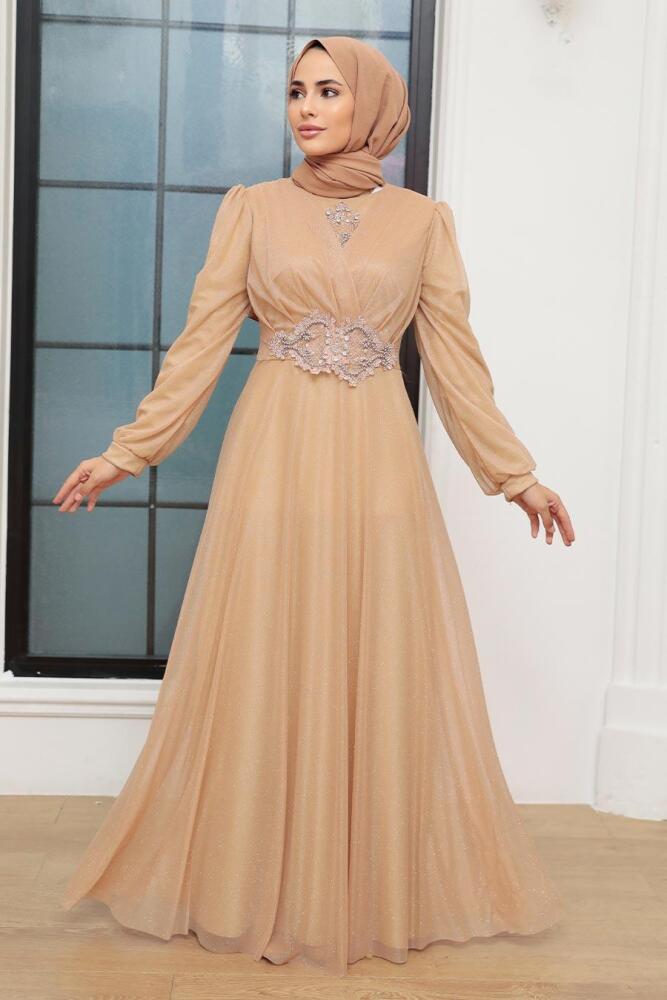 Neva Style - Plus Size Beige Muslim Prom Dress 50151BEJ - 1