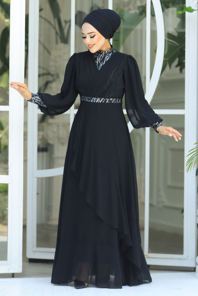 Plus Size Black Islamic Clothing Evening Dress 22201S - 3