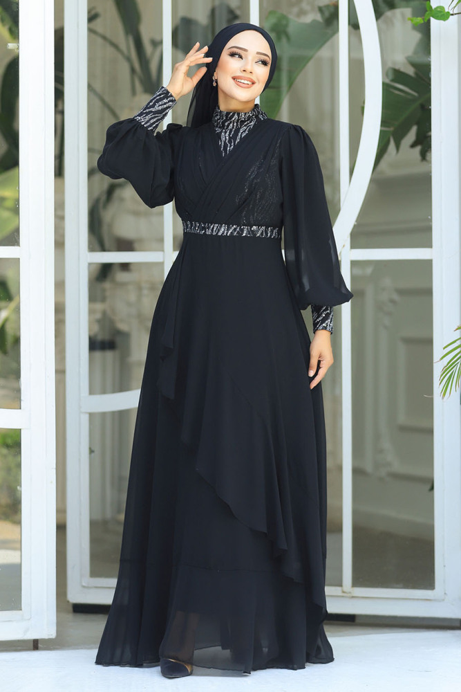 Plus Size Black Islamic Clothing Evening Dress 22201S - 4