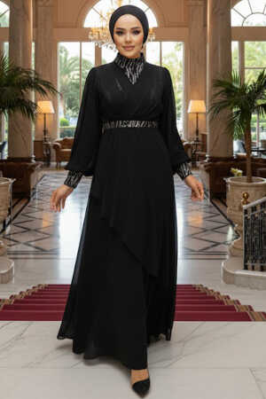 Plus Size Black Islamic Clothing Evening Dress 22201S - 1