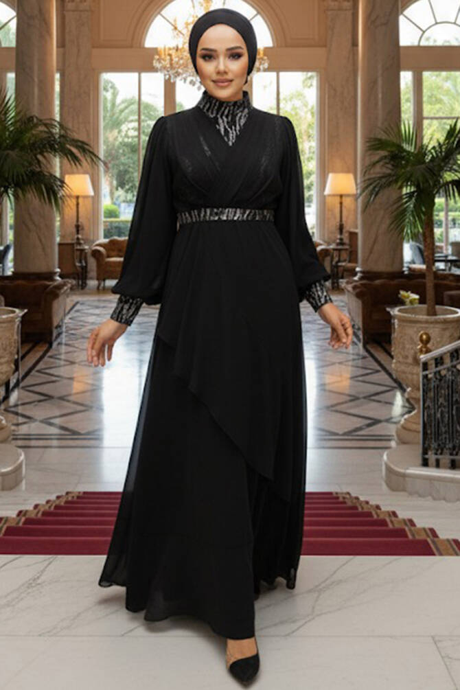 Plus Size Black Islamic Clothing Evening Dress 22201S - 1