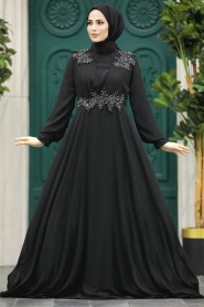 Neva Style - Plus Size Black Modest Islamic Clothing Evening Dress 22113S - Thumbnail