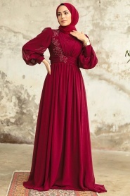Neva Style - Plus Size Claret Red Islamic Clothing Evening Dress 21940BR - Thumbnail