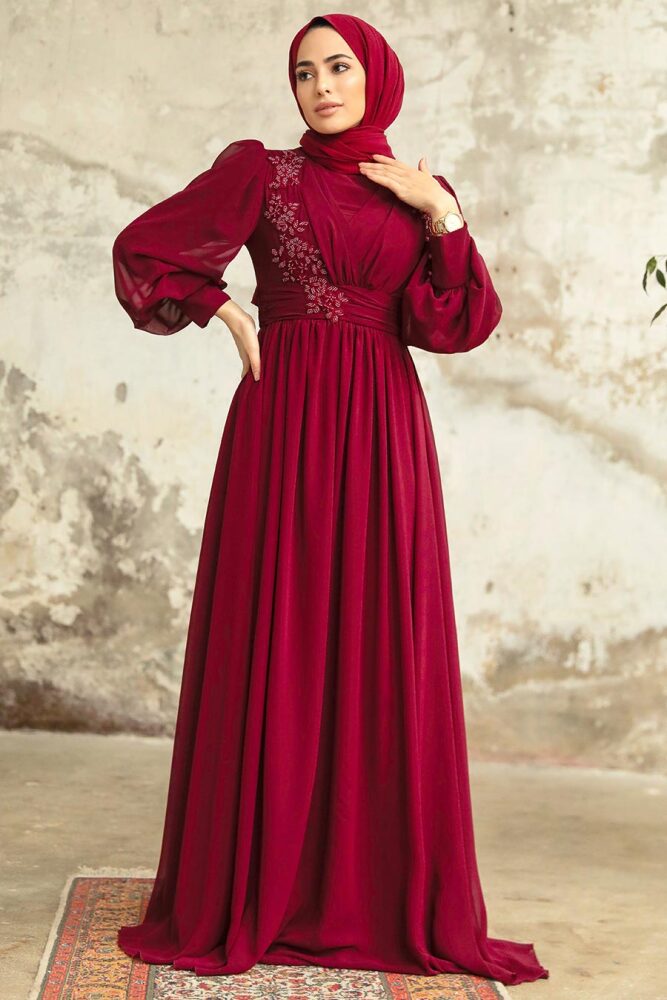 Neva Style - Plus Size Claret Red Islamic Clothing Evening Dress 21940BR - 1