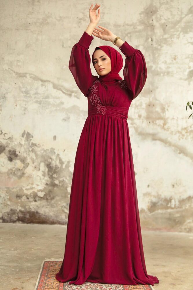 Neva Style - Plus Size Claret Red Islamic Clothing Evening Dress 21940BR - 2