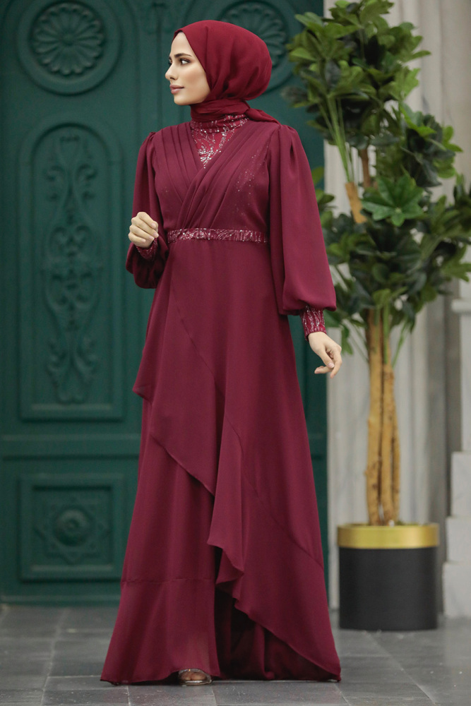 Plus Size Claret Red Islamic Clothing Evening Dress 22201BR - 2