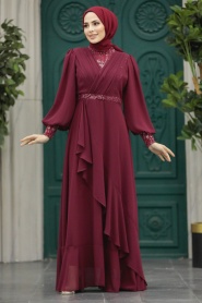 Neva Style - Plus Size Claret Red Islamic Clothing Evening Dress 22201BR - Thumbnail