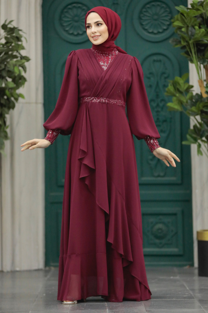 Plus Size Claret Red Islamic Clothing Evening Dress 22201BR - 3