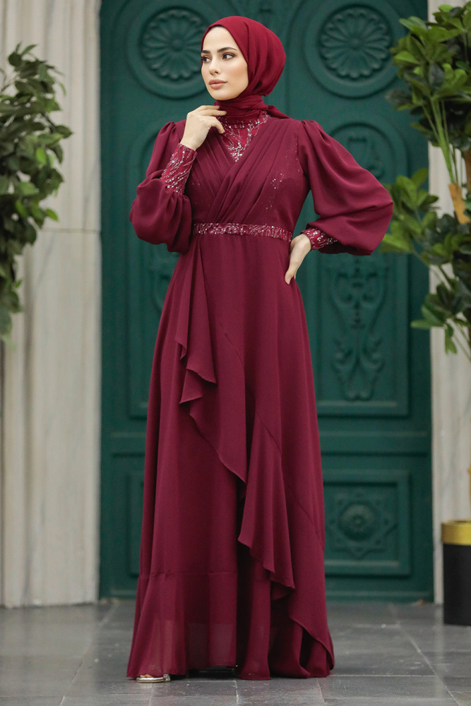 Plus Size Claret Red Islamic Clothing Evening Dress 22201BR - 1