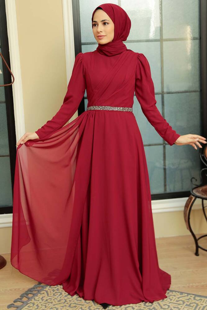 Neva Style - Plus Size Claret Red Islamic Long Sleeve Dress 5737BR - 1