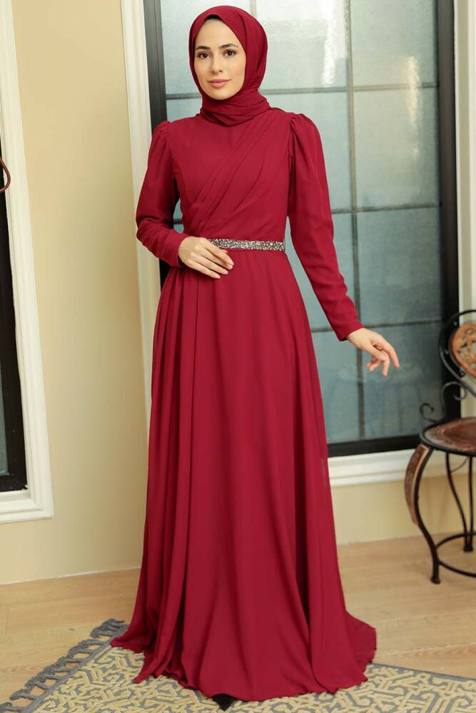 Neva Style - Plus Size Claret Red Islamic Long Sleeve Dress 5737BR - 2
