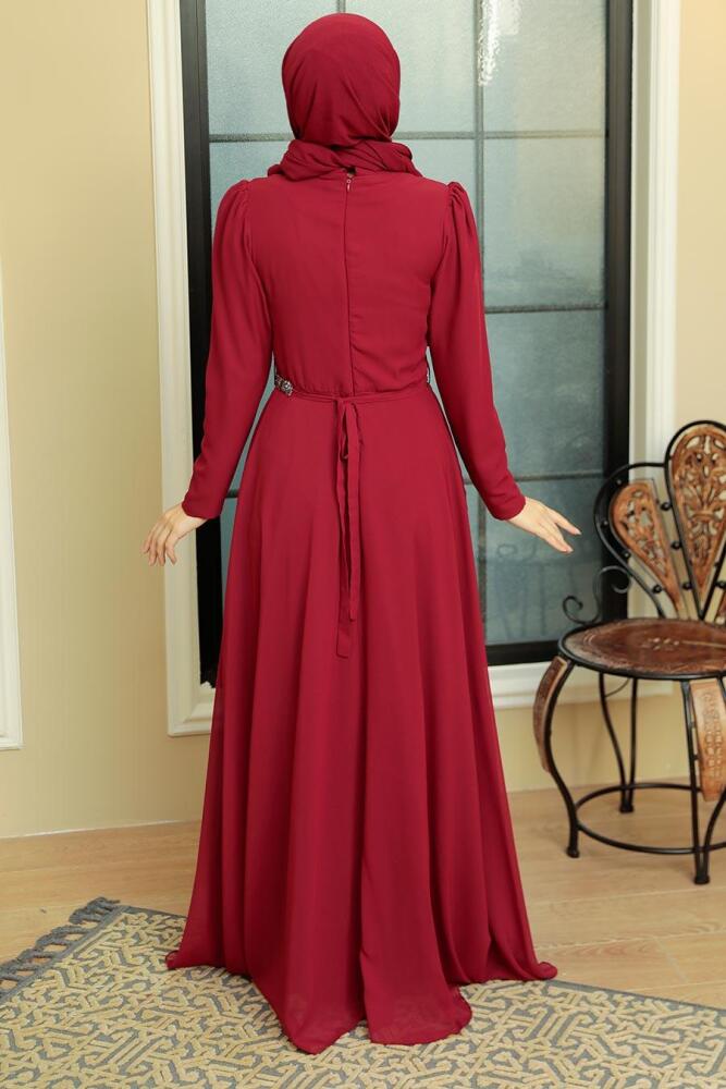 Neva Style - Plus Size Claret Red Islamic Long Sleeve Dress 5737BR - 4