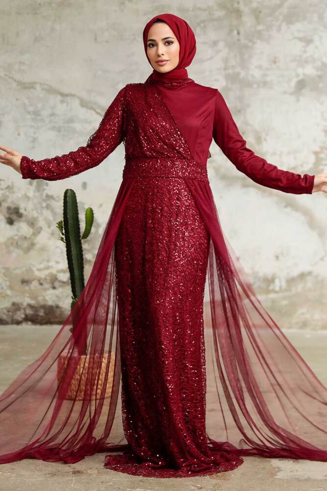 Neva Style - Plus Size Claret Red Islamic Wedding Dress 5345BR - 1