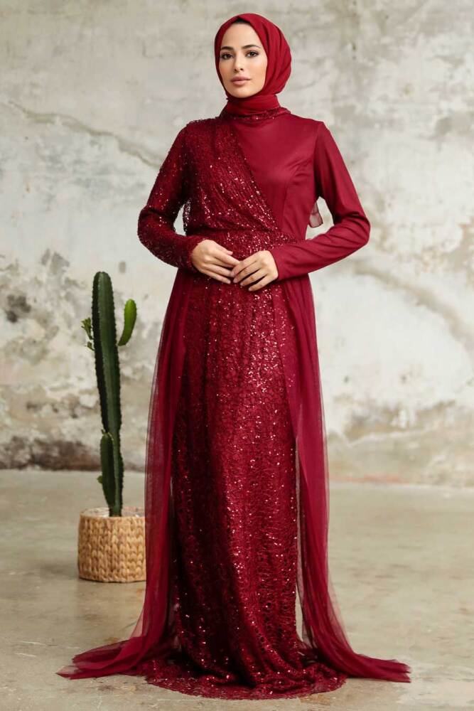 Neva Style - Plus Size Claret Red Islamic Wedding Dress 5345BR - 2