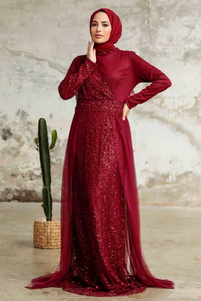 Neva Style - Plus Size Claret Red Islamic Wedding Dress 5345BR - 3