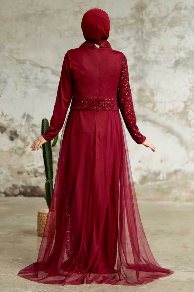 Neva Style - Plus Size Claret Red Islamic Wedding Dress 5345BR - 4