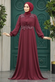 Neva Style - Plus Size Claret Red Modest Islamic Clothing Evening Dress 22113BR - Thumbnail