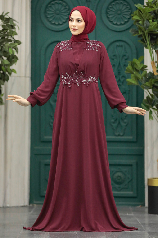 Plus Size Claret Red Modest Islamic Clothing Evening Dress 22113BR - 3