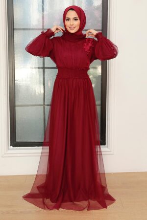 Neva Style - Plus Size Claret Red Modest Islamic Clothing Prom Dress 56520BR - 1