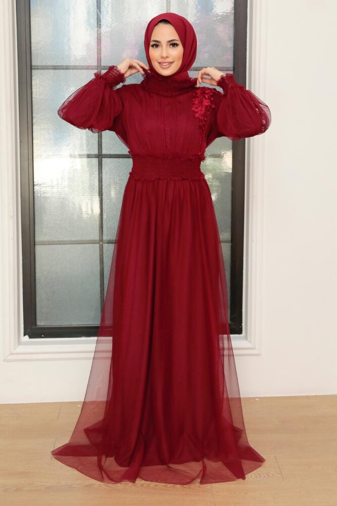Neva Style - Plus Size Claret Red Modest Islamic Clothing Prom Dress 56520BR - 1