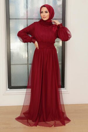 Neva Style - Plus Size Claret Red Modest Islamic Clothing Prom Dress 56520BR - 3