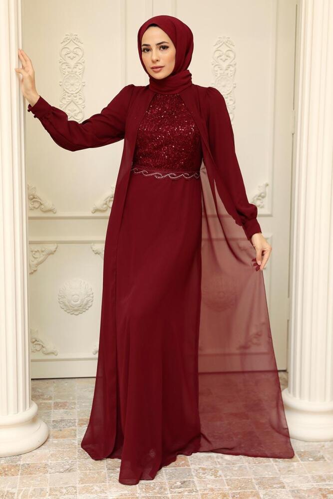 Neva Style - Plus Size Claret Red Muslim Dress 25842BR - 1