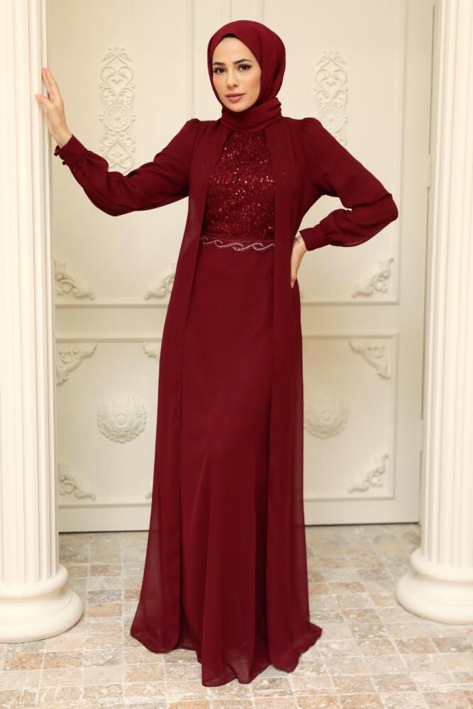 Neva Style - Plus Size Claret Red Muslim Dress 25842BR - 2