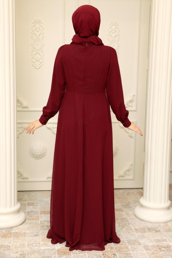Neva Style - Plus Size Claret Red Muslim Dress 25842BR - 3