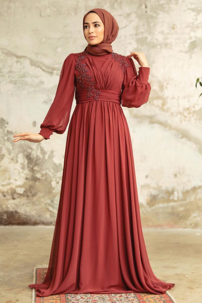 Neva Style - Plus Size Dark Terra Cotta Islamic Clothing Evening Dress 21940KKRMT - 1