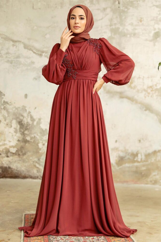 Neva Style - Plus Size Dark Terra Cotta Islamic Clothing Evening Dress 21940KKRMT - 2
