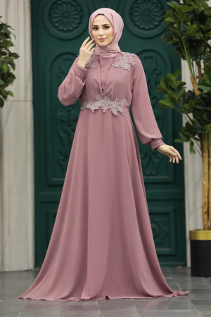 Neva Style - Plus Size Dusty Rose Modest Islamic Clothing Evening Dress 22113GK - Thumbnail