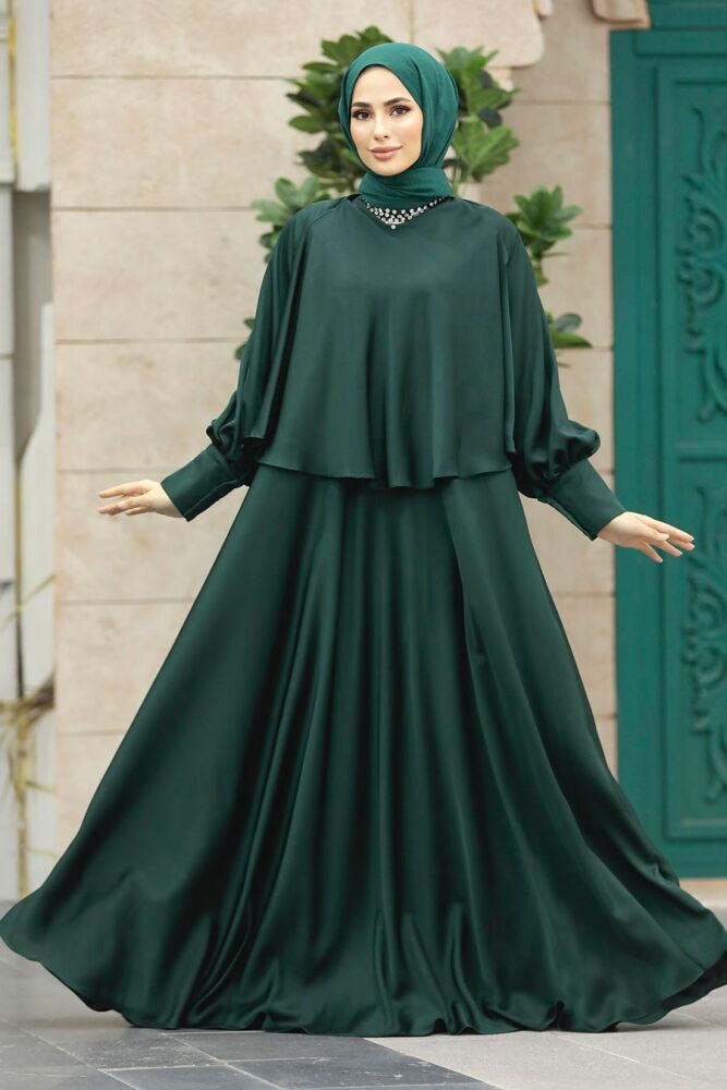 Plus Size Emerald Green Hijab Wedding Gown 6051ZY - 1