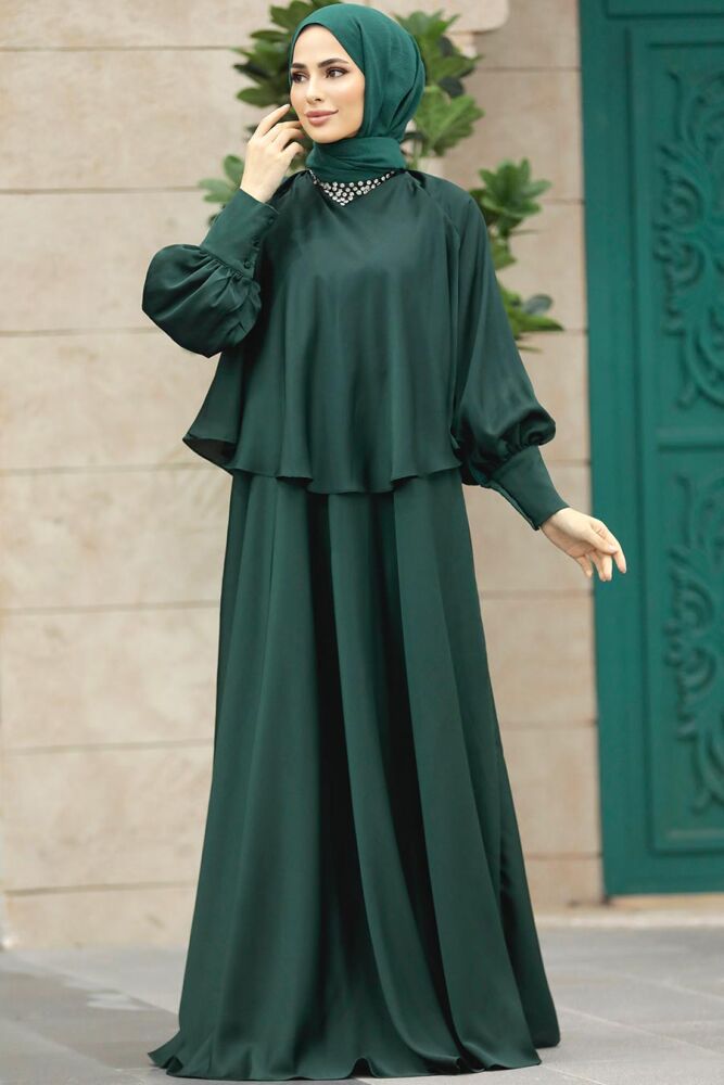 Plus Size Emerald Green Hijab Wedding Gown 6051ZY - 2
