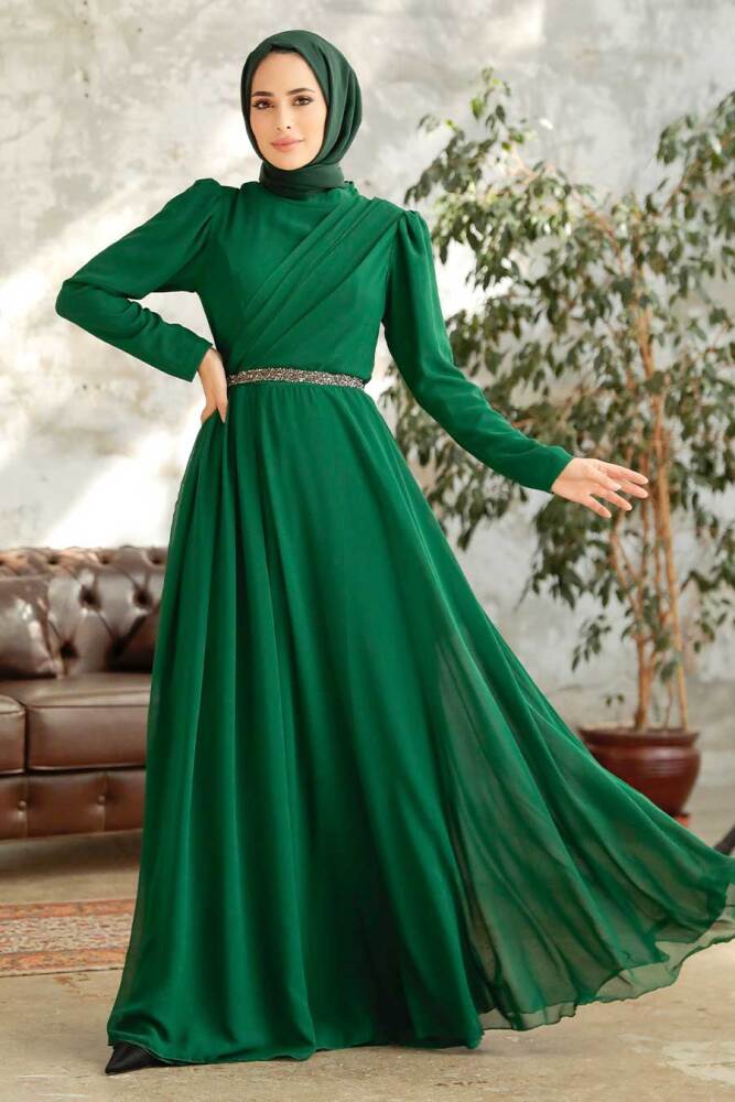 Neva Style - Plus Size Green Islamic Long Sleeve Dress 5737Y - 1