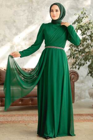 Neva Style - Plus Size Green Islamic Long Sleeve Dress 5737Y - 2