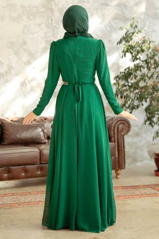 Neva Style - Plus Size Green Islamic Long Sleeve Dress 5737Y - 3