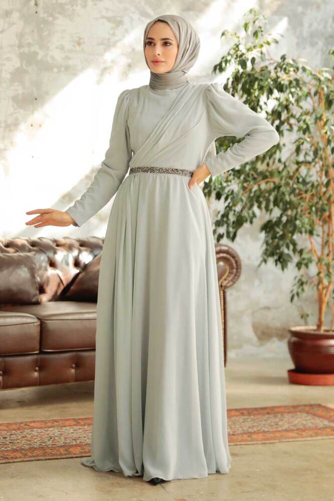 Neva Style - Plus Size Grey Islamic Long Sleeve Dress 5737GR - 1