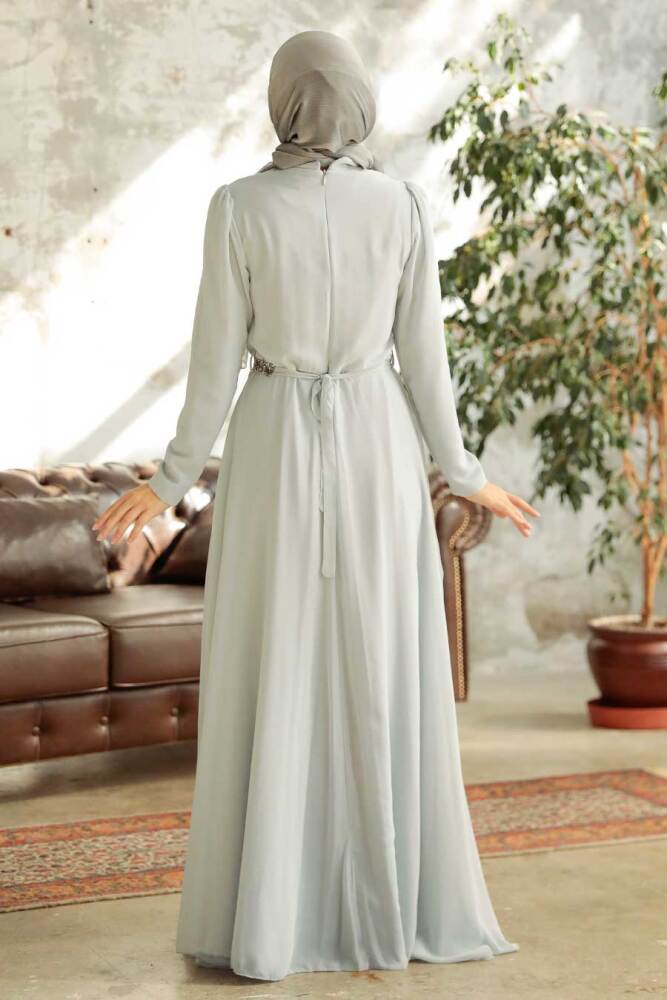 Neva Style - Plus Size Grey Islamic Long Sleeve Dress 5737GR - 2