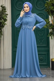 Neva Style - Plus Size İndigo Blue Modest Islamic Clothing Evening Dress 22113IM - Thumbnail