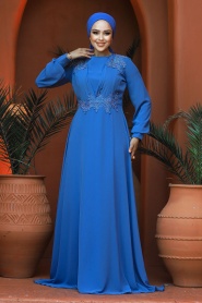 Neva Style - Plus Size İndigo Blue Modest Islamic Clothing Evening Dress 22113IM - Thumbnail