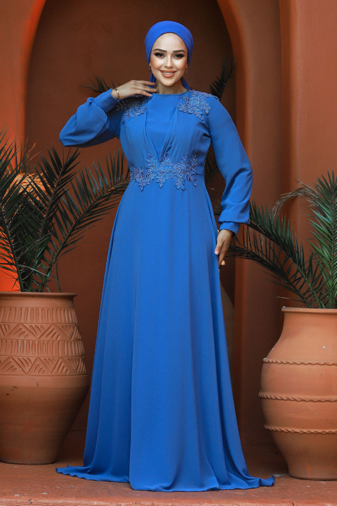 Neva Style - Plus Size İndigo Blue Modest Islamic Clothing Evening Dress 22113IM - 1