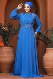 Neva Style - Plus Size İndigo Blue Modest Islamic Clothing Evening Dress 22113IM - Thumbnail