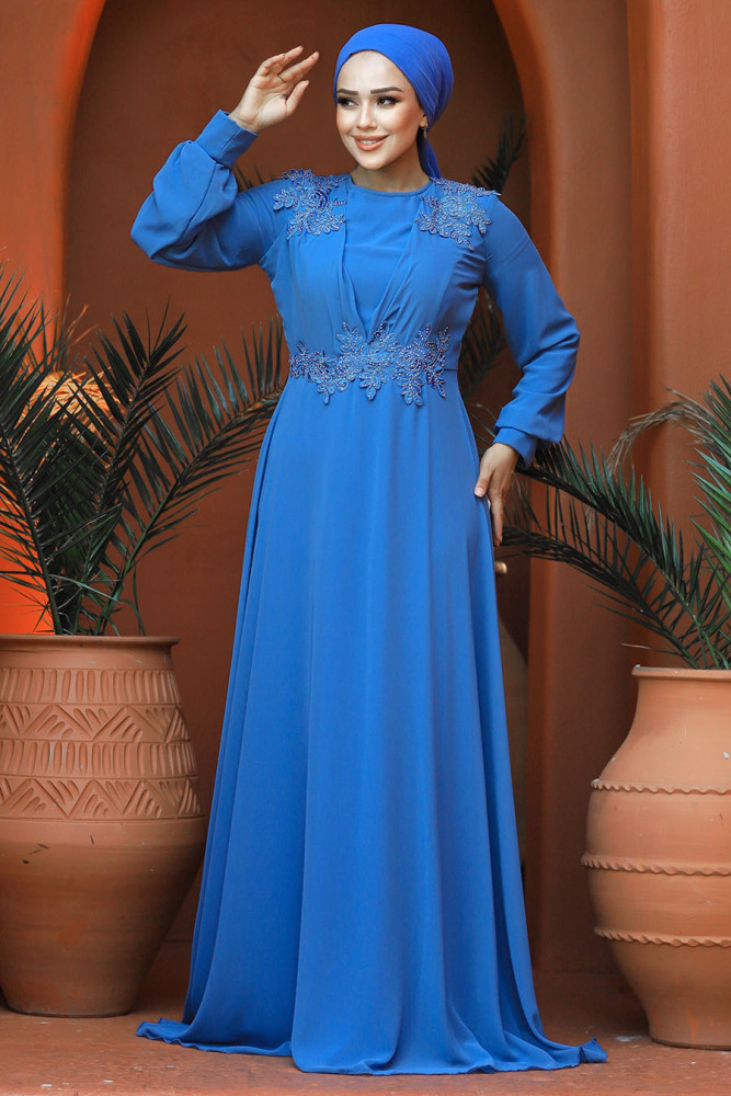 Neva Style - Plus Size İndigo Blue Modest Islamic Clothing Evening Dress 22113IM - 2