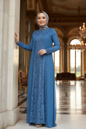 Neva Style - Plus Size İndigo Blue Muslim Fashion Evening Dress 20803IM - 1
