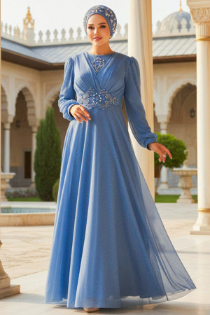 Neva Style - Plus Size İndigo Blue Muslim Prom Dress 50151IM - 1
