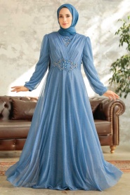 Neva Style - Plus Size İndigo Blue Muslim Prom Dress 50151IM - Thumbnail