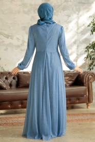 Neva Style - Plus Size İndigo Blue Muslim Prom Dress 50151IM - Thumbnail