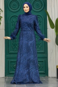 Neva Style - Plus Size Navy Blue Islamic Engagement Gown 2323L - Thumbnail